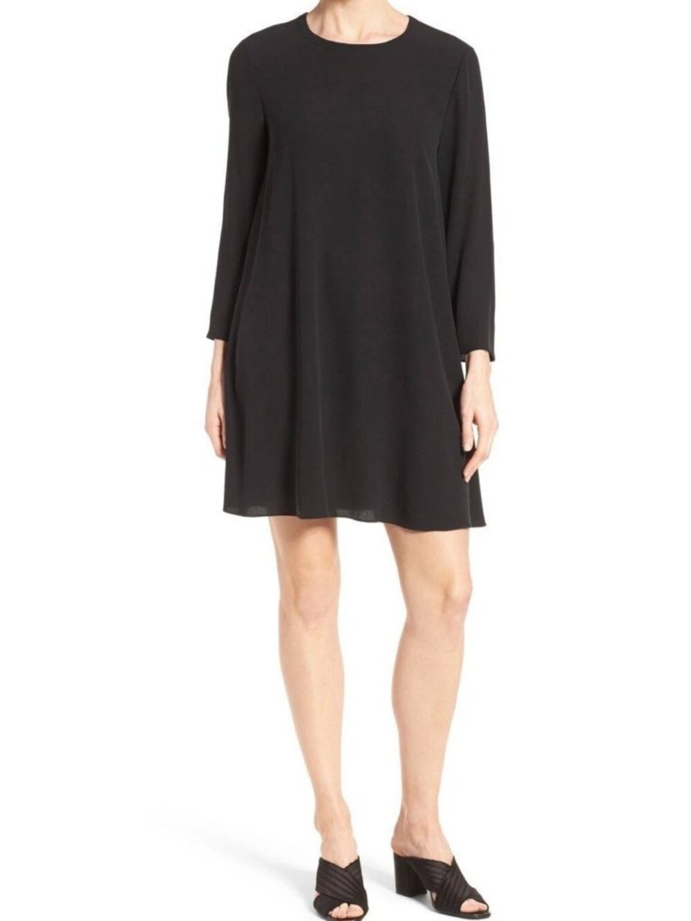 Eileen Fisher Black 100% Silk Georgette Crepe Dress Size L Minimalist Style